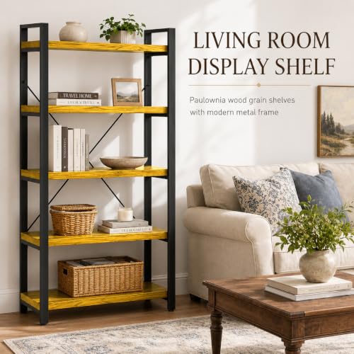 Real Solid Wood Rustic Vintage Industrial Etagere Bookshelf, Metal & Timber Free Vintage Bookcase, Golden (Genuine Timber) (5-Tiers-Golden Oak) - size: 5-Tiers-Golden Oak