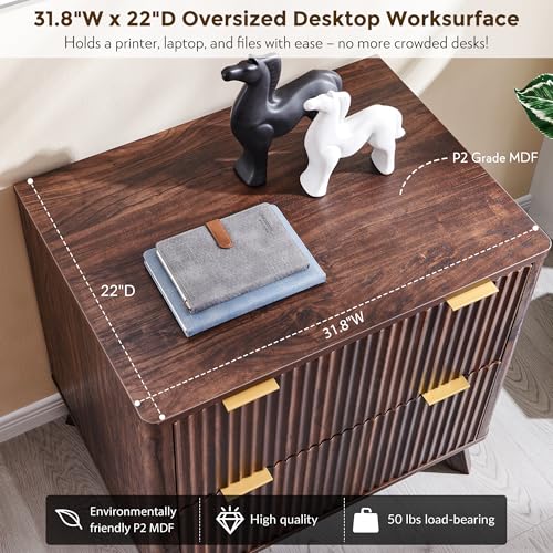 T4TREAM 31.8-Inch Fluted 2 Drawer Lateral File Cabinet, Dark Walnut | Filing Cabinet with Files Hanging Rod for Letter, Legal, A4, Large Tabletop for Printer, Wood Printer Cabinets, Home Office - color: Dark Walnut