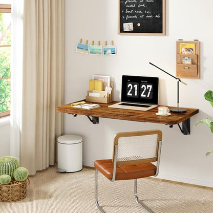 IBUYKE Wall Mounted Folding Table, Floating Wall Desk for Small Spaces, Fold Down Laundry Shelf with Heavy-Duty Brackets, Wall Table for Home Office/Bar/Kitchen/Dining, Rustic Brown UTVT005H - color: Rustic Brown