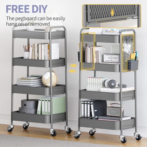 TOOLF 4 Tier Rolling Cart, Metal Utility Storage Cart with Pegboard, Grey | 2 Bins & 4 Hooks, Screwless Assembly, Lockable Wheels, Trolley Organizer for Bathroom, Kitchen, Office, Dorm, Craft Room - color: Gray, size: 4-Tier