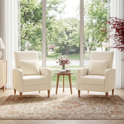 COLAMY Mid-Century Modern Upholstered Accent Chair with Back Pillow & Solid Wood Legs, Fabric Cozy Armchair for Living Room, Bedroom, Reading Nook, Apartment & Small Spaces, Beige - color: Beige, size: Set of 2