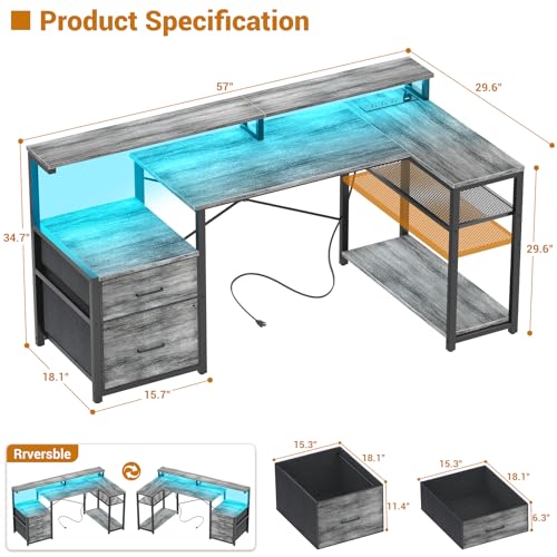Aheaplus L Shaped Desk with File Drawer, Reversible L Shaped Gaming Desk | Computer Desk with Power Outlet & LED Strip, Home Office Desk Corner Desk with Monitor Shelf, Storage Shelves, White Oak - color: White Oak