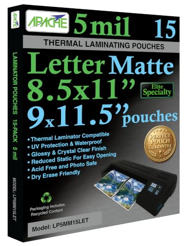 Apache Letter Size Matte Laminating Pouches, 5 Mil, 15 Pack, Holds 8.5 x 11 Inch Projects (9x11.5" Pouch Size), Thermal Laminator Laminating Sheets, Clear, Round Corners, Elite Specialty Line - size: LETTER Matte 5mil 15 Pack Elite Specialty