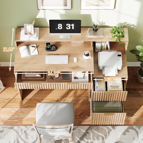 Vabches Fluted Computer Desk with Drawers, Home Office Desk with Power Outlets, Printer Stand and Storage Cabinet, Study Writing Desks with Long Monitor Stand, Oak - color: Oak