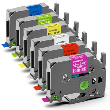 PT-D220 PTD210 PTD400AD PT-H111 PT-1750 Label Maker Tape 12mm 0.47 | Laminated Ptouch Label Tape Replacement for Brother TZ TZe Compatible with Brother P-Touch Refills 1/2 Inch x26.2 Ft, 6 Pack - color: ['Black on White/Pink/Yellow/Red/Blue/Green'], size: