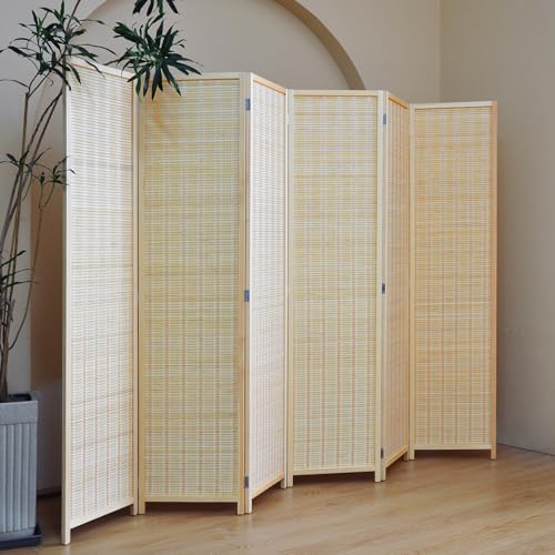 6 Panel Bamboo Room Divider – 5.6 ft Tall Folding Privacy Screen, Natural Beige Freestanding Room Partition Wall (67" H x 92.1" W, 6-Panel) - color: Beige, size: 6 Panel