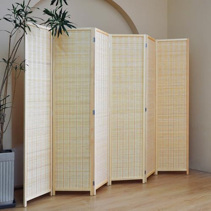 Furnnylane 6 Panel Bamboo Room Divider – 5.6 ft Tall Folding Privacy Screen, Natural Beige Freestanding Room Partition Wall (67" H x 92.1" W, 6-Panel) - color: Beige, size: 6 Panel