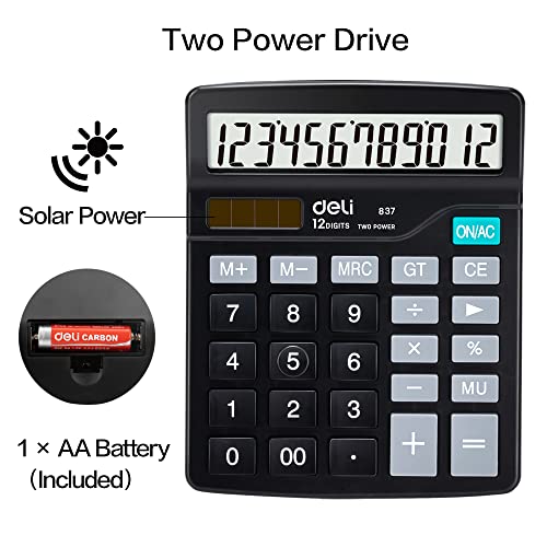 Calculator, Deli Standard Function Desktop Calculators with 12 Digit Large LCD Display and Sensitive Button, Solar Battery Dual Power Office Calculator, Black - color: Black