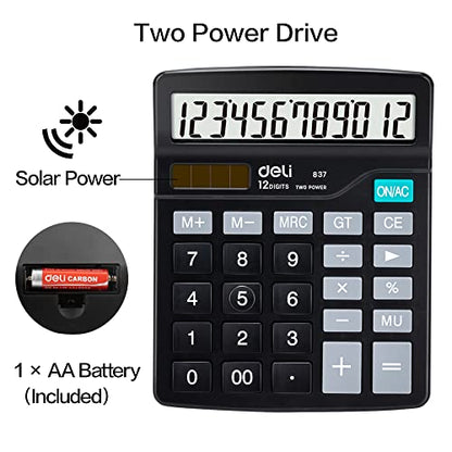 Calculator, Deli Standard Function Desktop Calculators with 12 Digit Large LCD Display and Sensitive Button, Solar Battery Dual Power Office Calculator, Black - color: Black