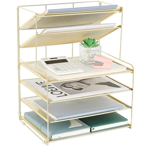 OPNICE Desk Organizer, 6-Tier Paper Organizer Letter Tray, Gold - color: Gold, size: 12.9" x 9" x 13.3"