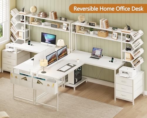 63" L Shaped Desk with Bookshelf, Drawers and Hutch for Home Office - color: White, size: 63" L Shaped Desk