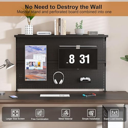 Clamp-On Metal Desk Pegboard with Dual Monitor Stand–No Drilling Needed! 59x35 Inch Steel Privacy Panel with Hooks & Movable Partition, Peg Board Wall Organizer for Gaming & Office - color: Black