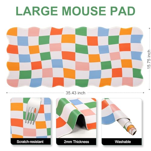L-SPOUTTO Checkered Mouse Pad,Scalloped Groovy Desk Mat XXL Gaming Mousepad | Geometric Large 35.4x15.7in Non-Slip Rubber Base Keyboard Pad Waterproof Desktop Mat for Laptop Computer Game Home Office - color: Colorful Checkered