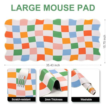 L-SPOUTTO Checkered Mouse Pad,Scalloped Groovy Desk Mat XXL Gaming Mousepad | Geometric Large 35.4x15.7in Non-Slip Rubber Base Keyboard Pad Waterproof Desktop Mat for Laptop Computer Game Home Office - color: Colorful Checkered