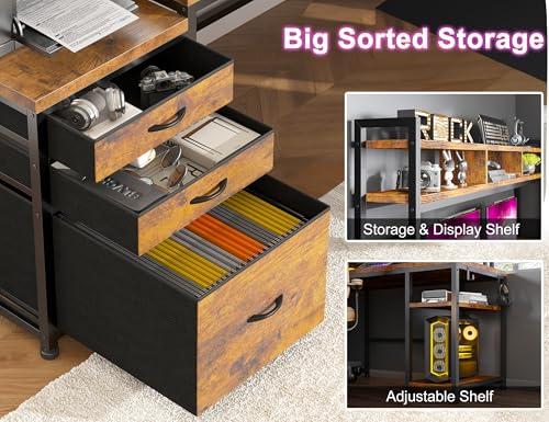 EnHomee 104" L Shaped Desk, 4 Layout Convertible RGB Lights & Monitor Stand - color: Rustic Brown