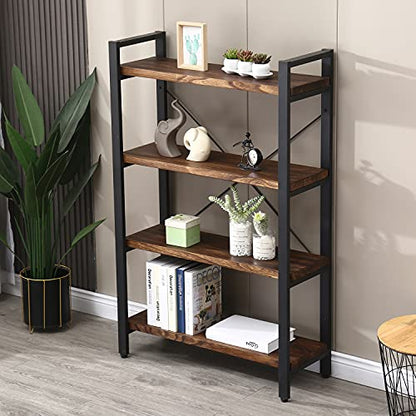 WH-AOERPUMY Solid Wood Bookshelf,4 Tier Rustic Vintage Industrial Etagere Bookcase, Open Metal and Wood Vintage Book Shelf, Retro Brown (RealWood)(4-Tier) - size: 4-Tiers-RealWood