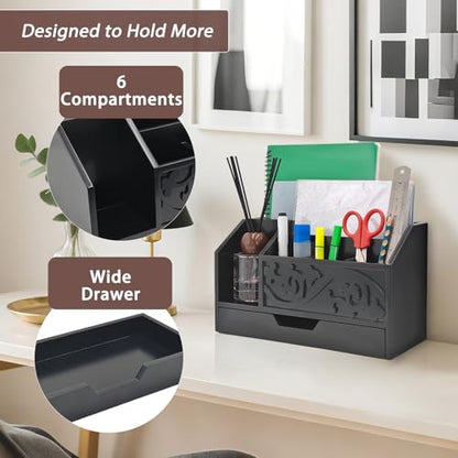Black Wooden Mail Organizer with Drawer, Three Tiered Desk Accessories for Office Organization and Storage, Stylish Countertop Document Storage, Home/Office/Classroom Supplies (Black01) - style: Black01