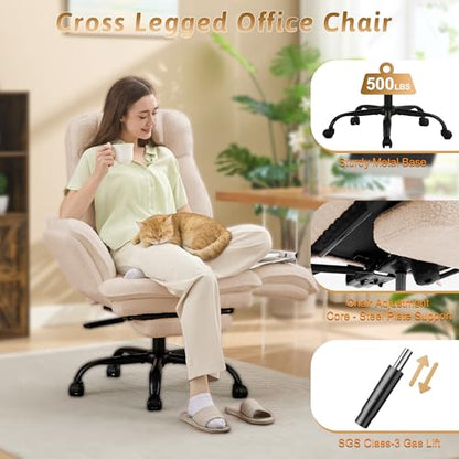 Wider Seat Office Chair with Flip Armrests for Criss Cross Legged&Cats, Big and Tall Executive Ergonomic Reclining Chair with Footrest&Lumbar Pillow, Teddy Fleece Desk Chair,Beige Vanity Chair - color: Beige