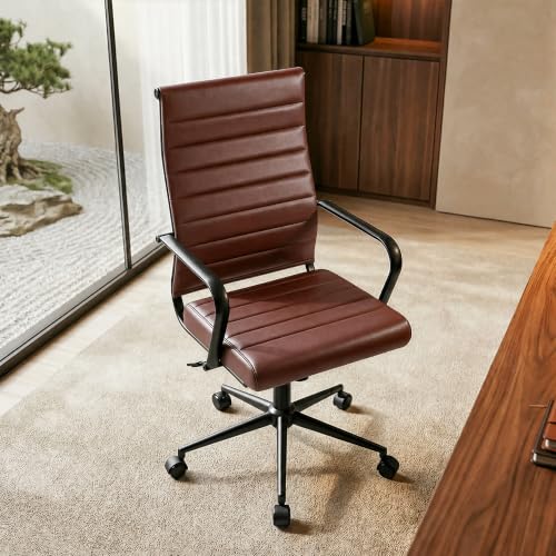 Okeysen Leather Office Desk Chair, Mid-Century Modern Leather Conference Room Chairs, Ergonomic Executive Ribbed Height Adjustable Swivel Rolling Chair for Home Office. - color: Reddish Brown