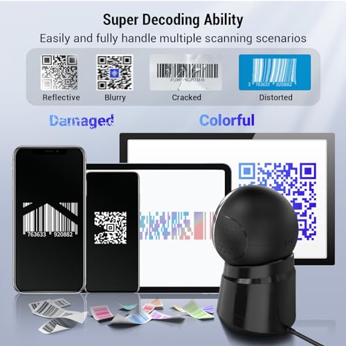 Tera Barcode Scanner Desktop Omnidirectional: 2D USB Adjustable Head 9000 | 360° Scan, Handsfree, Plug & Play, Read 1D 2D QR Screen Paper Codes, Continuous Sensor Modes, Inventory Retail Payment School