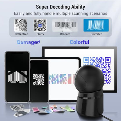 Tera Barcode Scanner Desktop Omnidirectional: 2D USB Adjustable Head 9000 | 360° Scan, Handsfree, Plug & Play, Read 1D 2D QR Screen Paper Codes, Continuous Sensor Modes, Inventory Retail Payment School