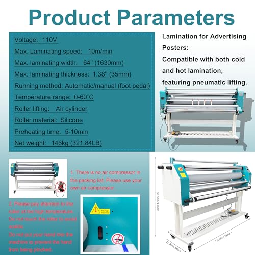 64" Full Automatic Pneumatic Laminating Machine, 110V Single Sided Laminator, 1.38" Max Thickness, Hot & Cold Roll Laminator with Foot Pedal & 4 Cutters, for Advertising, Printing, Packaging