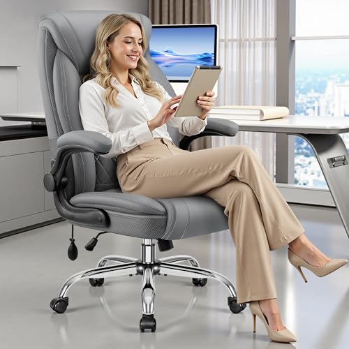 BestGlory Executive Office Chair with Lumbar Support, Big and Tall Ergonomic Computer Desk Chair, Leather Comfy High Back Gaming Chair with Flip Up Arms & Rocking Function for Home Office, Gray - color: Grey, size: 2 Pack