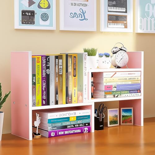 Desktop Shelf Organizer, Adjustable Wood Office Storage Rack, Counter Display Small Bookshelf for Home/Office/School(Pink) - color: Pink