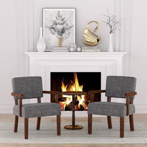 Accent Chair, Armchair with Solid Wood Frame and Legs, Gray | Living Room Chairs with Soft Thicken Cushion, Comfy Reading Chair for Bedroom, Waiting Room, Home Office, Easy Assembly - color: Linen Gray, size: One Chair