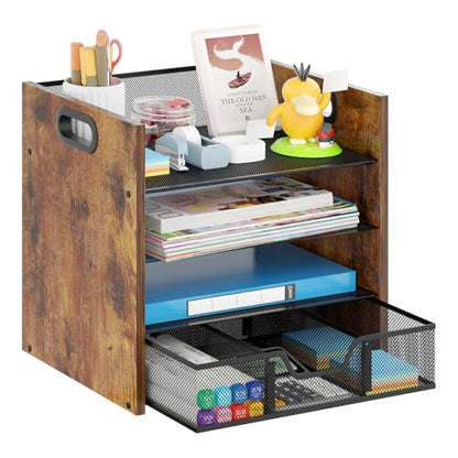 Desk Organizer - 4 Tier Desktop File Organizer with Drawer, Wooden Paper Tray Organizer, Office Desk Accessories Organizer for Papers, Mail, Notebooks, Stationery - size: 4 Tier Drawer