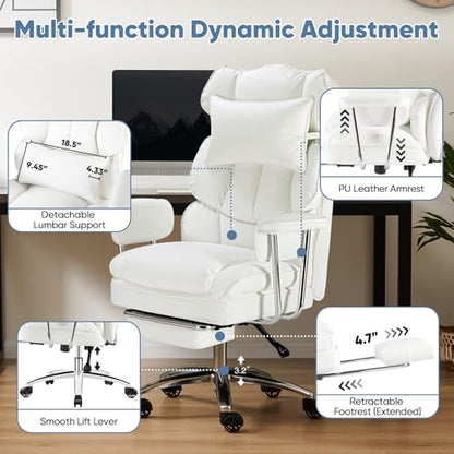 DUMOS Ergonomic Home Office Desk Chair, Executive Chair, PU Leather | Big Tall High Back, Lumbar Support, Reclining Height Adjustable, Computer Gaming, Footrest Swivel Wheels, Snow White - color: Snow White