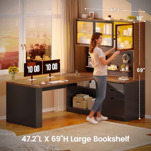 SEDETA L Shaped Computer Office Desk with 3 Wood Drawer and Large Bookshelf - color: Brown