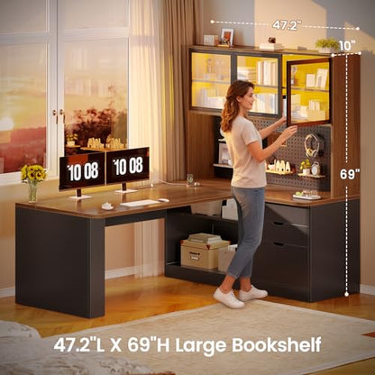 SEDETA L Shaped Computer Office Desk with 3 Wood Drawer and Large Bookshelf - color: Brown