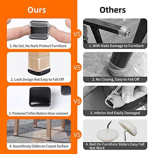 Ezprotekt Chair Leg Sliders for Carpet, 24 Pcs Square Chair Glides for Carpet, Carpet Furniture Pads Stool Leg Protectors Caps, Carpet Furniture Glides Quickly and Easily (M Fit: 0.75" - 1") - size: M-Clear
