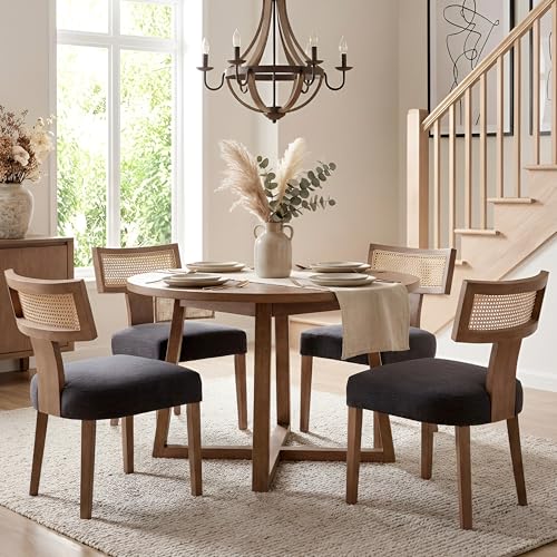 HNY Mid Century Modern Rattan Dining Chairs Set of 2, Farmhouse Linen Upholstered Accent Chair Curved Backrest Kitchen Chairs, with Hardwood Frame, Charcoal - color: Charcoal Rattan