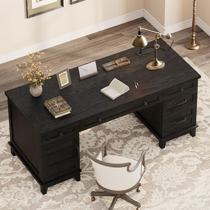 GarveeHome Farmhouse Executive Desk with File Drawers, 60 in Home Office Desk with Charging Station, Wooden Computer Desk with Cabinet Storage for Work Study Writing, Rustic Black - color: Rustic Black