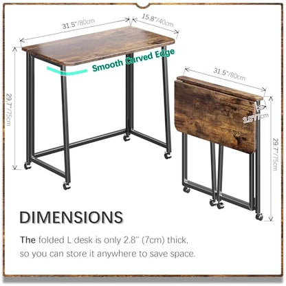 4NM 31.5" Mobile Small Folding Desk, Foldable Rolling Computer Home Office Desk, Study Writing Table for Small Space Saving Bedroom, with Wheels - Rustic Brown and Black - color: Rustic Brown and Black, size: 31.5"W x 15.7"D