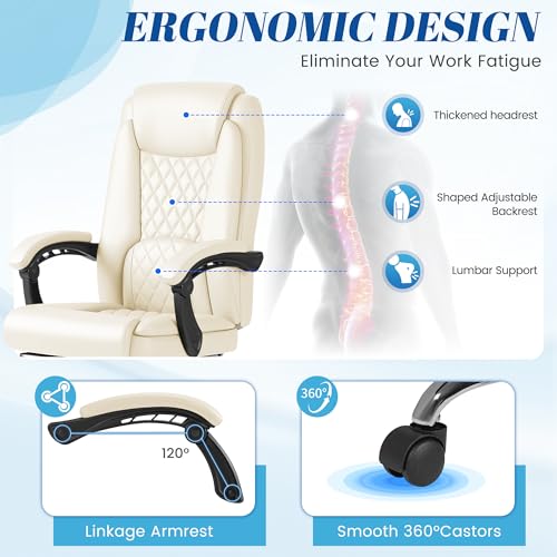 Furmax Office Chair with Footrest Ergonomic High Back Design Executive Computer Desk Chair400lbs, 90-135° Reclining Leather Home Office Desk Chairs Swivel Task Chairs with Wheels (Beige) - color: Beige