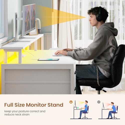SEDETA Computer Desk with 5 Drawer, Power Outlet, Led Lights, White - color: White With Led Lights, size: 67X18.5inch