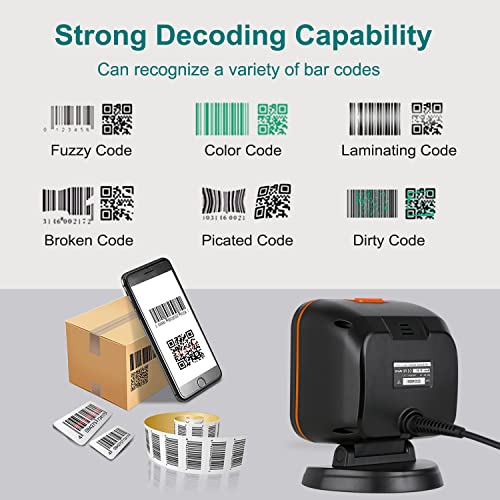 OBZ 1D 2D Desktop Barcode Scanner, QR Code Scanner USB Wired Hands-Free Barcode Scanner Omnidirectional Automatic Cash Register Scanner with Large Scan Window for POS PC, Store, Supermarket - style: Square