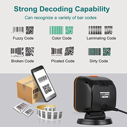 OBZ 1D 2D Desktop Barcode Scanner, QR Code Scanner USB Wired Hands-Free Barcode Scanner Omnidirectional Automatic Cash Register Scanner with Large Scan Window for POS PC, Store, Supermarket - style: Square