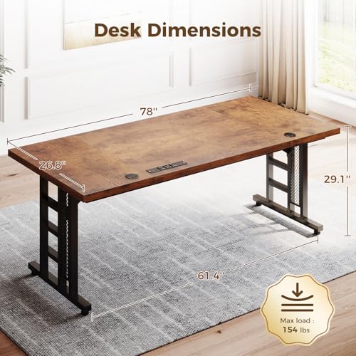 OffiGo 78 Inch Executive Computer Desk with Outlets, Rustic Brown