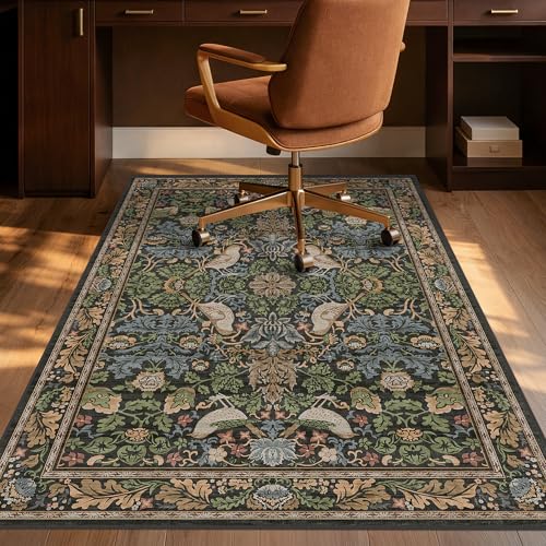 Washable 4x5 Boho Office Chair Mat for Hard Wood Floors, Green Floor Protector for Computer Chair, Rustic Botanical 48"x60" Low Pile Under Desk Rug, Easy to Clean, Non-Slip Stain & Fade Resistant - color: Bird - Dark Green / Brown, size: 4' x 5'