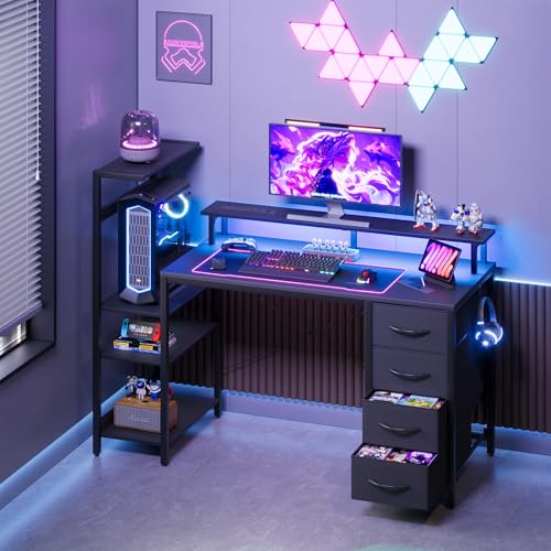 51in Gaming Computer Desk with Drawers & Power Outlet & LED Lights, Black - color: Black, size: 51''