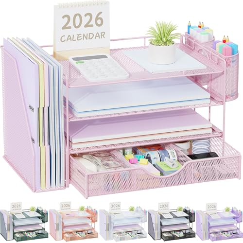 gianotter Desk Organizers and Accessories with File Holder, 4-Tier Desk Accessories & Workspace Organizers with Drawer and 2 Pen Holder, Paper Organizer for Office Supplies (Pink) - color: Pink, size: 4T