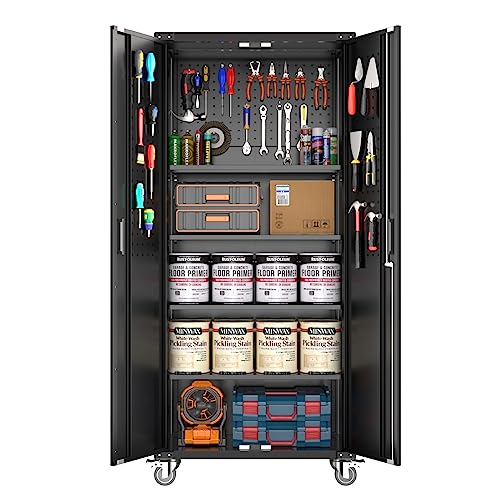 GarveeHome Garage Storage Cabinet with Wheels & Pegboard, 72 in H Locking Metal Storage Cabinet with 2 Doors & 4 Adjustable Shelves for Garage Workshop Home Office, Black