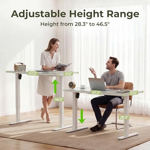 Furmax Glass Standing Desk with Drawers, Electric Adjustable Home Office Sit Stand Desk with One-Piece Desktop & USB Charging Port for Computer Desks - color: White Glass