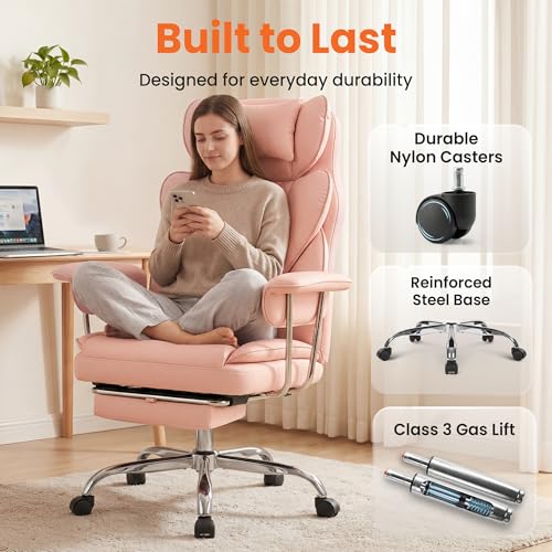 NEO CHAIR Big & Tall Leather Office Chair, High Back, Lumbar Support, Pink | Gaming Chair for Adults and Computer Use, Reclining Office Chair with Foot Rest, Massage, Comfy Design and Heavy Duty Support - color: Pink