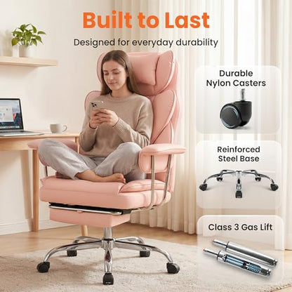 NEO CHAIR Big & Tall Leather Office Chair, High Back, Lumbar Support, Pink | Gaming Chair for Adults and Computer Use, Reclining Office Chair with Foot Rest, Massage, Comfy Design and Heavy Duty Support - color: Pink