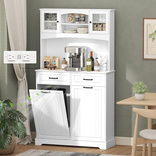 Double 13 Gallon Tilt Out Trash Can Cabinet with Deodorizing Function and Power Outlet, 71" Tall Wooden Garbage Can Holder Cabinet with 2 Storage Hutch & 2 Drawers for Kitchen and Dining Room, White - color: White, size: 13.78"D x 39.38"W x 70.95"H(Double